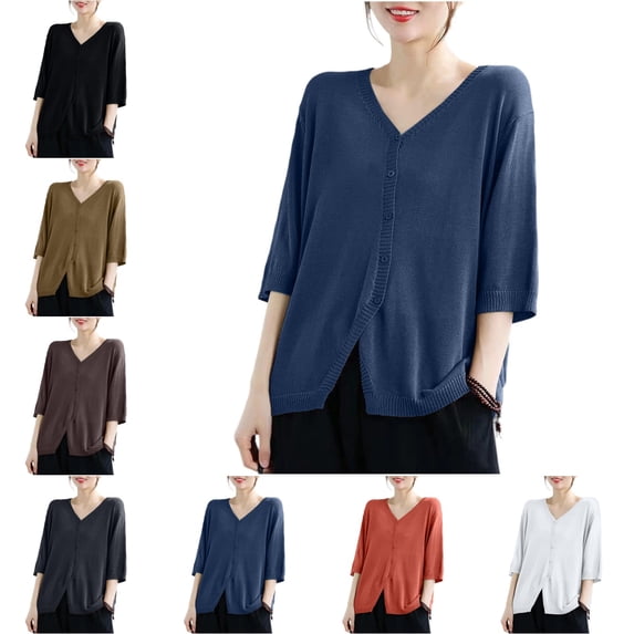 Levmjia Women's Summer Cardigan Boxy Fit Short Sleeve V Neck Button Down Lightweight Sweater for Plus Size Casual Wear