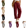 thumbnail image 1 of Levmjia Women's Summer Casual Linen Pants Solid Color Drawstring Waist Wide Leg Trousers with Pockets Loose Fit Pants for Beach Vacation Daily Wear, 1 of 8
