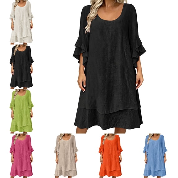 Levmjia Women's Summer Dress Short Sleeve V Neck Tiered Ruffle Midi Dress Solid Color Loose Fit Casual Beach Dress with Pockets for Women