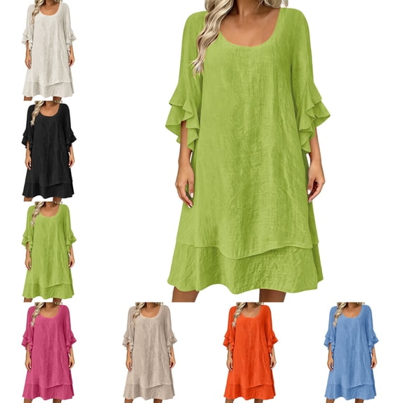 Levmjia Women's Summer Dress Short Sleeve V Neck Tiered Ruffle Midi Dress Solid Color Loose Fit Casual Beach Dress with Pockets for Women