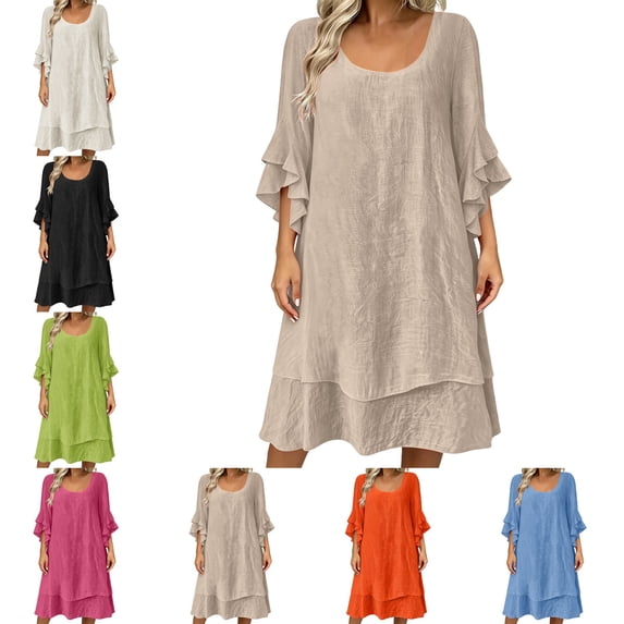 Levmjia Women's Summer Dress Short Sleeve V Neck Tiered Ruffle Midi Dress Solid Color Loose Fit Casual Beach Dress with Pockets for Women