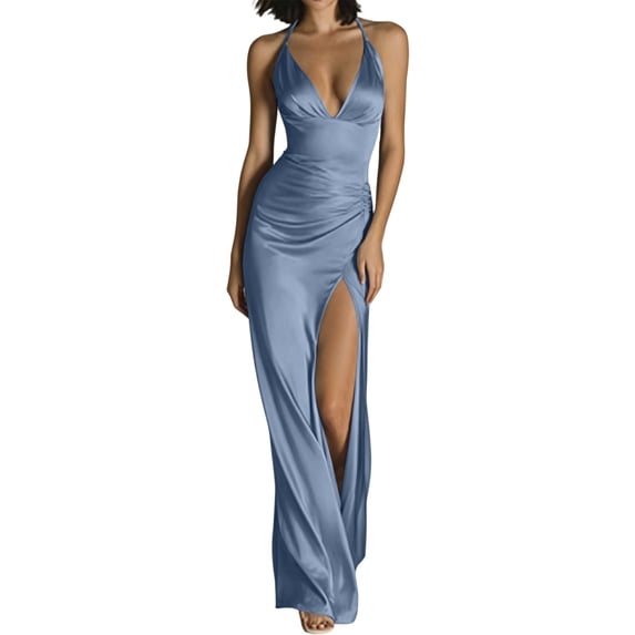 Levmjia Women's Summer Dress Sleeveless Halter Neck Maxi Dress with High Slit Solid Color Elegant Evening Party Gown for Women Vacation Wedding Guest Dress