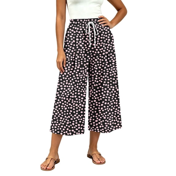 Levmjia Women's Summer Floral Print Wide Leg Pants Loose Fit Casual Drawstring Capri Trousers with Pockets Vintage Washed Vacation Beach