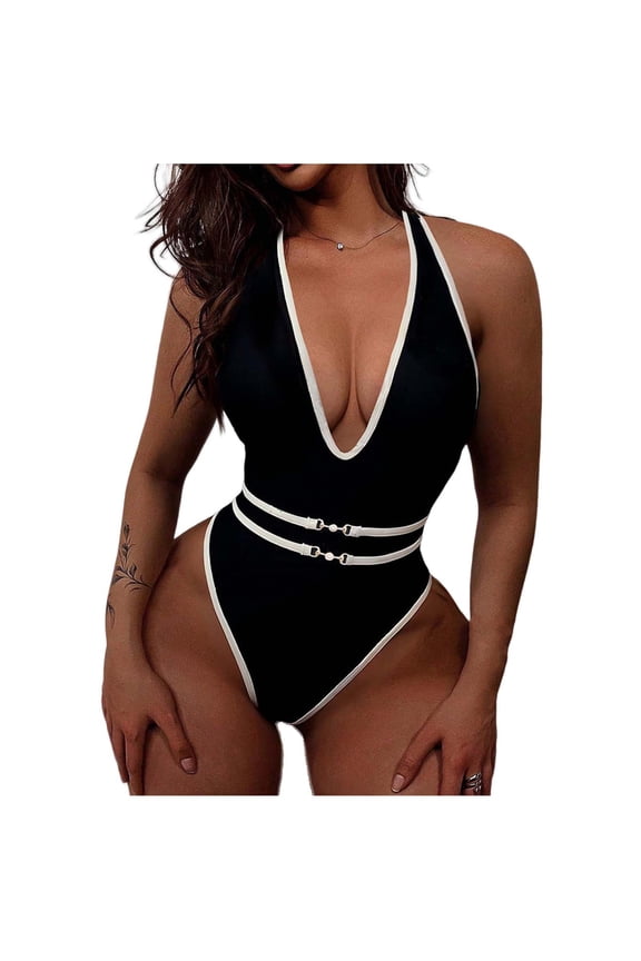 Women's Summer One Piece Swimsuit High Neck Plunge Neck Solid Color 100% Polyester Tummy Control Slimming Swimsuit S-L