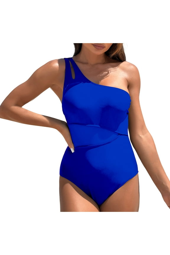 Women's Summer One Shoulder Mesh Panel Bikini Swimsuit, High Waist Cutout Monokini, Nylon Spandex Plus Size S - 2XL Swimwear