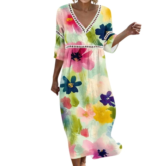 Levmjia Women's Summer Print Dress V Neck 3/4 Sleeve Casual Boho Elastic Waist Midi Dress for Vacation