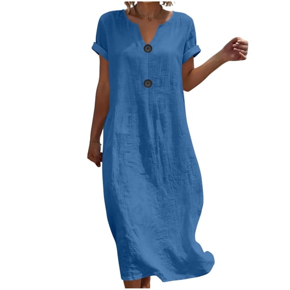 Levmjia Women's Summer Short Sleeve Dress Casual Crew Neck Button Down A Line Midi Dress Solid Color Loose Fit Breathable Comfortable Everyday Sundress