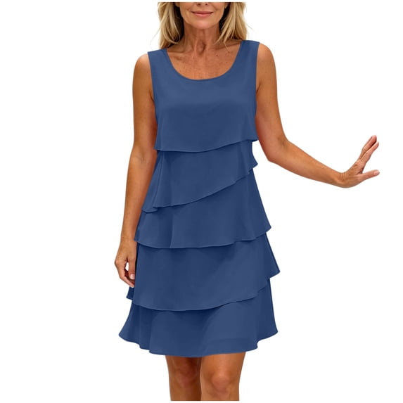 Levmjia Women's Summer Sleeveless Dress Casual Round Neck Tiered Ruffle Mini Dress A Line Flounce Hem Solid Color Loose Fit Beach Vacation Daily Sundress
