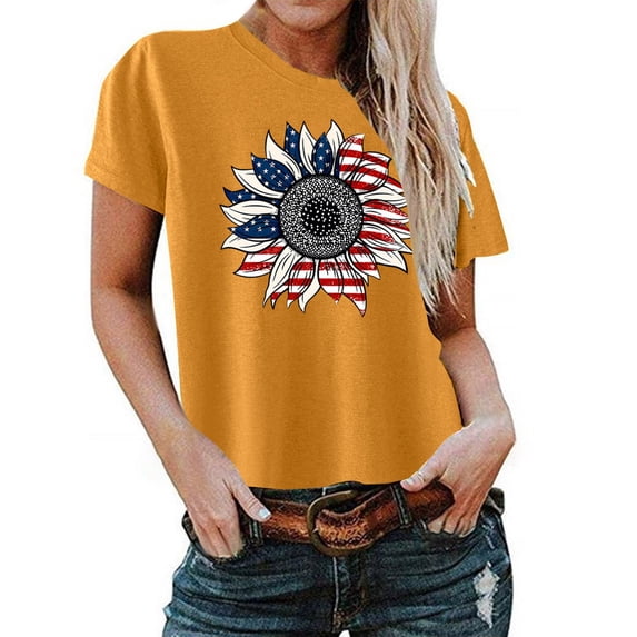 Levmjia Women's T-Shirt, American Flag Sunflower Print Round Neck Short Sleeve Patriotic Top, Vintage USA Summer Casual Loose Fit Graphic Tee for Ladies