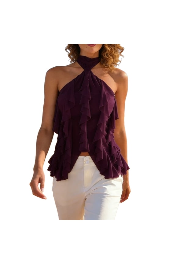 Women's Tank Top Halter Neck Ruffle Mesh Top Solid Color Sleeveless Blouse Summer Boho Chic Beach Party Elegant Vacation Daily Wear