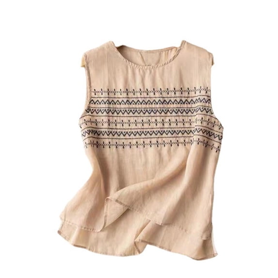 Levmjia Women's Tank Top Round Neck Sleeveless Tops Cotton Linen Suspender Embroidery Casual Loose Blouse Polyester Flowy Ruffle Shirt Work Daily Wear