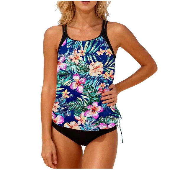 Levmjia Women's Tankini Set Floral Printed Drawstring Removable Padded Bras High Waist Loose Swimwear Quick Dry Beach Vacation Swimming