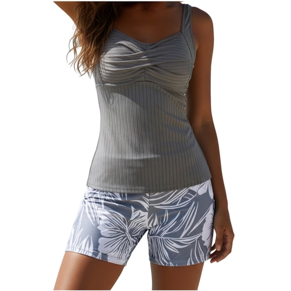 Levmjia Women's Tankini Set Plus Size Solid Color Printed Pleated Top and Pants Tummy Control High Waisted Swimsuit With Removable Padded Bra Beach Vacation