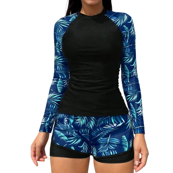 Levmjia Women's Tankini Swimsuit Long Sleeve Printed High Waist Tummy Control Two Piece Bathing Suit With Removable Padded Bra Beach Vacation Pool Party