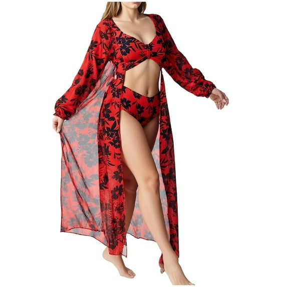 Levmjia Women's Three Piece High Waist Long Sleeve Swimsuit Set Floral Print Bikini Top & Bottom Cover Up Beachwear Summer Vacation Swimwear S - XL Plus Size