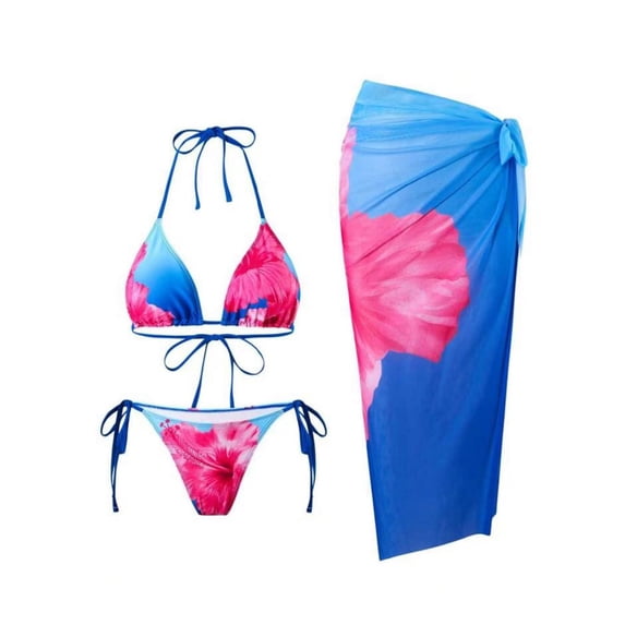 Levmjia Women's Three Piece Swimsuit Fashion Printed Hanging Neck Top Tight Drawstring Bikini Set Quick Dry Beach Vacation Pool Party Summer