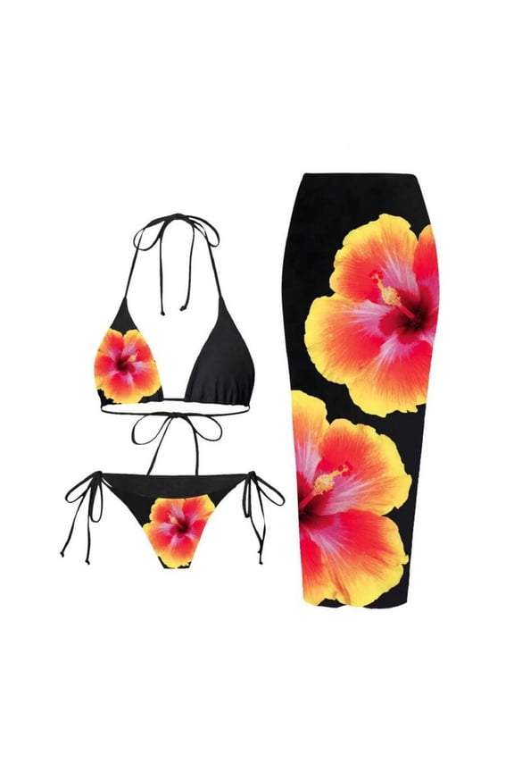 Women's Three Piece Swimsuit Set Printed Drawstring Tummy Control Bikini Set Tight Quick Dry Sun Protection Beach Vacation Pool Party and Swimming