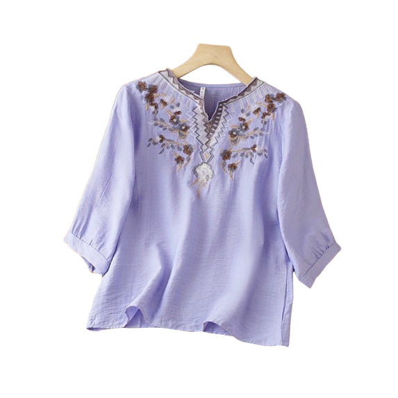 Levmjia Women's Tops Fashion V-Neck Pullover Cotton Linen Blouse Mid Sleeve Embroidered Casual Polyester Comfortable Shirt Spring Summer