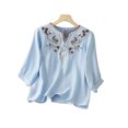 thumbnail image 1 of Levmjia Women's Tops Fashion V-Neck Pullover Cotton Linen Blouse Mid Sleeve Embroidered Casual Polyester Comfortable Shirt Spring Summer, 1 of 5