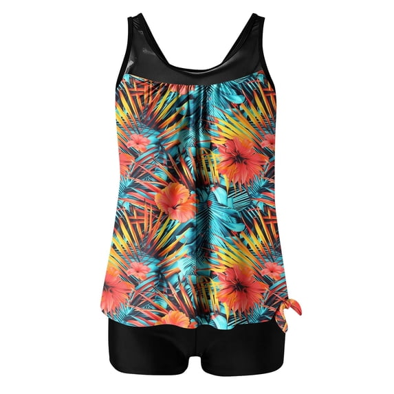 Levmjia Women's Two Piece Set Swimsuit Printed Top and Flat Corner Pants High Waisted Tummy Control Quick Dry Plus Size Swimwear Conservative Beach Vacation