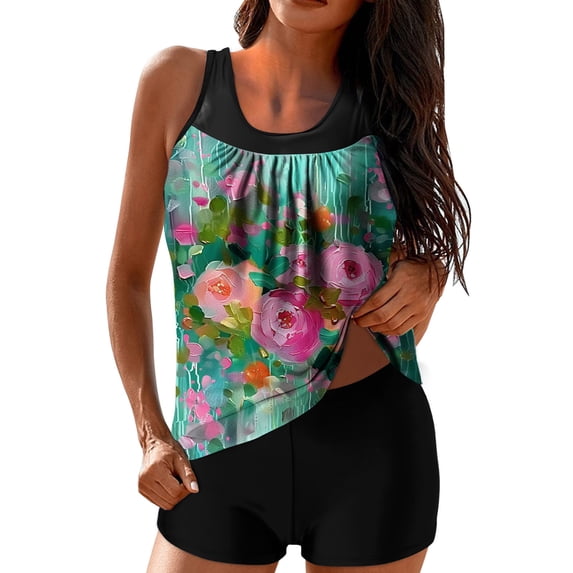 Levmjia Women's Two Piece Set Swimsuit Printed Top and Flat Corner Pants High Waisted Tummy Control Quick Dry Plus Size Swimwear Conservative Beach Vacation