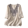 thumbnail image 1 of Levmjia Women's V Neck 3/4 Sleeve Blouse Casual Loose Fit Floral Embroidered Top Ethnic Summer Beach Vacation, 1 of 6