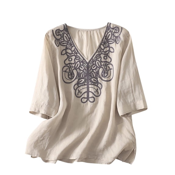 Levmjia Women's V Neck 3/4 Sleeve Blouse Casual Loose Fit Floral Embroidered Top Ethnic Summer Beach Vacation