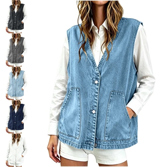Levmjia Women's V Neck Denim Vest Button Front Sleeveless Jacket Loose Fit Casual Solid Color Western Waistcoat with Pockets for Daily Wear