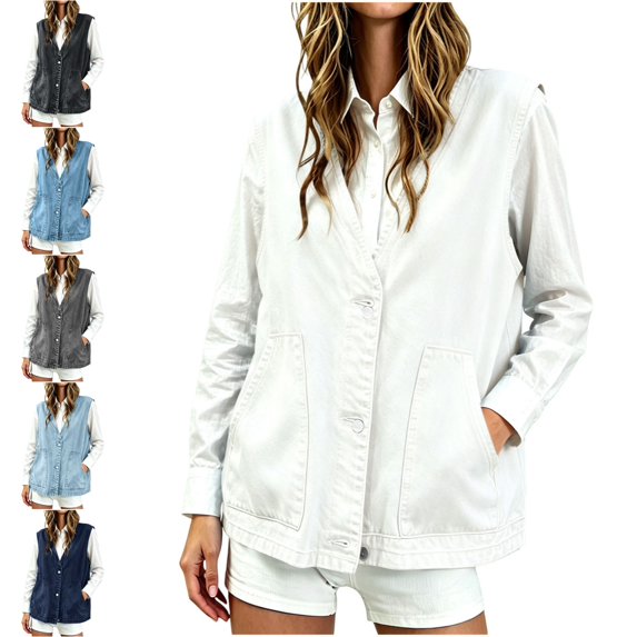 Levmjia Women's V Neck Denim Vest Button Front Sleeveless Jacket Loose Fit Casual Solid Color Western Waistcoat with Pockets for Daily Wear