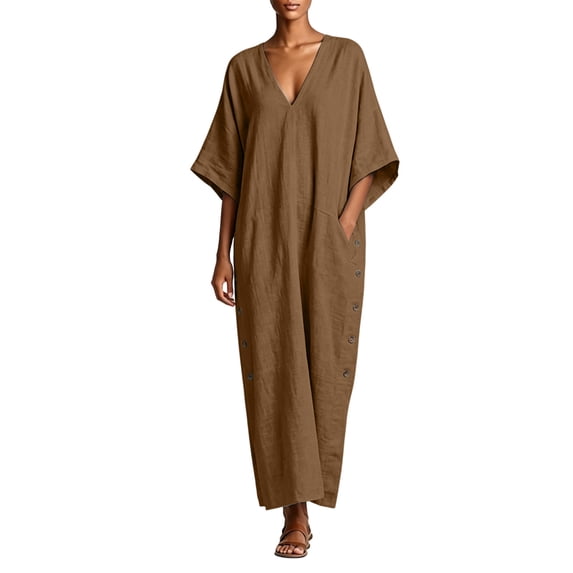 Levmjia Women's V Neck Dress Short Sleeve Solid Color Casual A Line Dress with Side Buttons Cotton Linen Blend Pockets Beach Vacation Daily Wear
