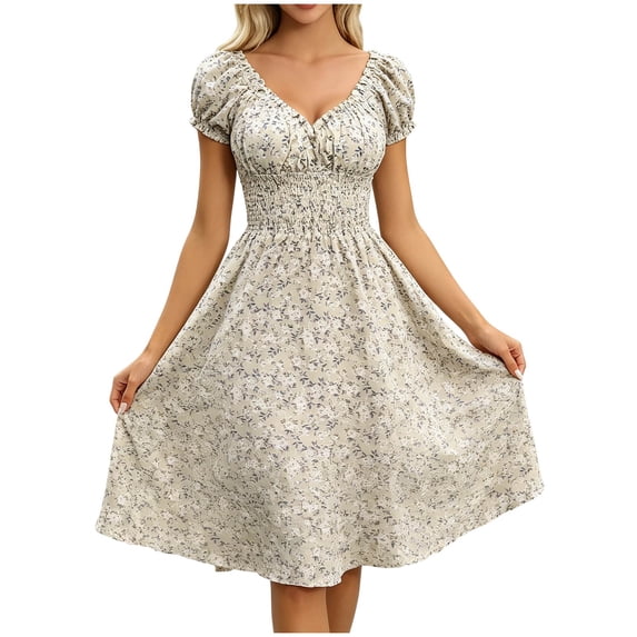Levmjia Women's V Neck Floral Print Midi Dress Puff Sleeve Smocked Waist Casual Fashion Summer Dress Lightweight Polyester Vacation