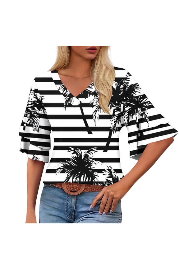 Women's V-Neck Flutter Sleeve Top Loose Fit Short Sleeve Tee Floral Print Dancewear Summer Blouse Stretchy Casual Shirt S-2XL