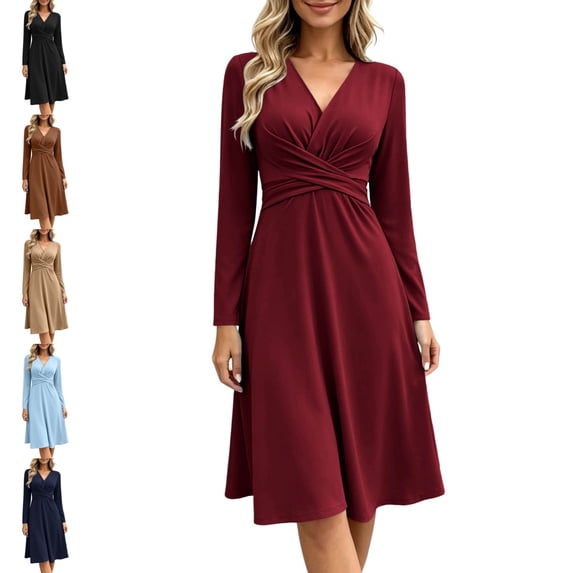 Levmjia Women's V Neck Long Sleeve Twist Waist Midi Dress Casual A-Line Swing Dress Solid Color Office Work Outfit