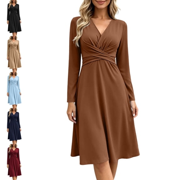 Levmjia Women's V Neck Long Sleeve Twist Waist Midi Dress Casual A-Line Swing Dress Solid Color Office Work Outfit