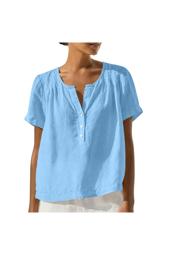 Women's V Neck Short Sleeve Blouse, Solid Color Button Down Casual Top with Henley Neckline, Loose Fit Cotton Summer Shirt with Pintuck Detail