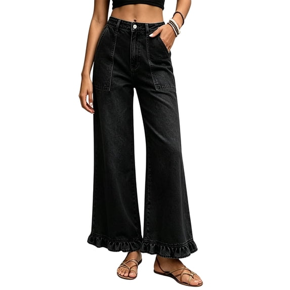 Levmjia Women's Wide Leg Jeans Ruffle Hem Denim Pants High Waisted Casual Long Trousers with Pockets Vintage Black Jean Pants for Women