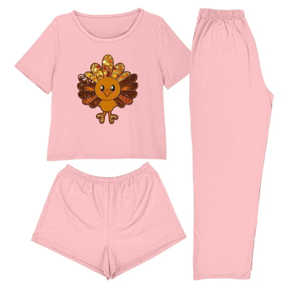 Levmjia Womens 3 Piece Pajama Set Short Sleeve Top With Pants and Shorts Thanksgiving Soft Sleepwear Casual Home Comfort Relaxing Nightwear Daily Wear