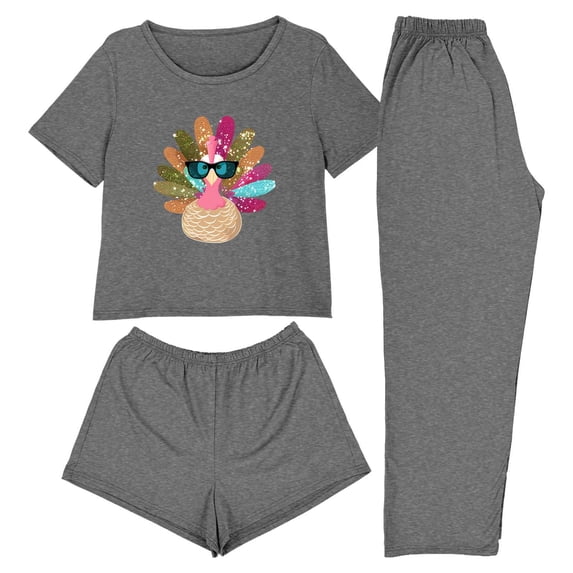 Levmjia Womens 3 Piece Pajama Set Short Sleeve Top Sleepwear With Pants and Shorts Thanksgiving Soft Casual Home Comfort Relaxing Nightwear Daily Wear