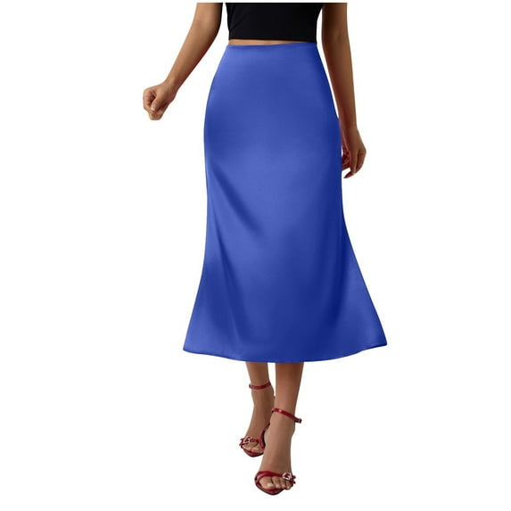 Levmjia Womens A Line Midi Skirt Solid Color Stretch Fishtail Elastic Waist Casual Flowy Chiffon Skirt For Spring Summer Work Office Vacation