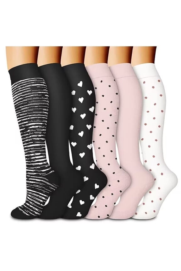 Womens Athletic Socks 6 Pack Cotton Knee High Compression Floral Printed Sweat Absorbing Workout Running Sports Socks Support Non Slip Breathable Comfortable