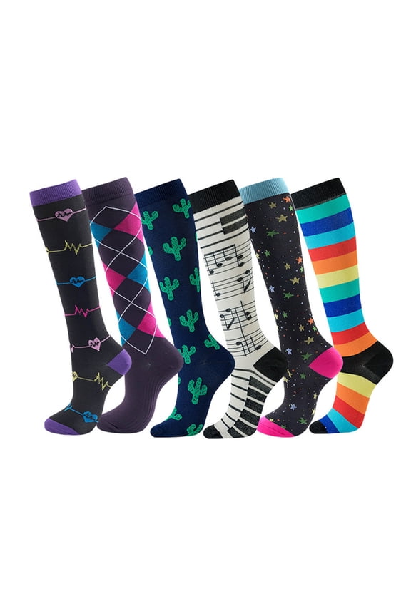 Womens Athletic Socks 6 Pack Cotton Knee High Compression Floral Printed Sweat Absorbing Workout Running Sports Socks Support Non Slip Breathable Comfortable