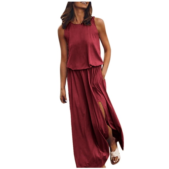 Levmjia Womens Autumn Casual Dress Sleeveless V Neck Flowy Polyester Floral Sundress Beach Vacation Maxi Dress with Pockets Multi Color Options