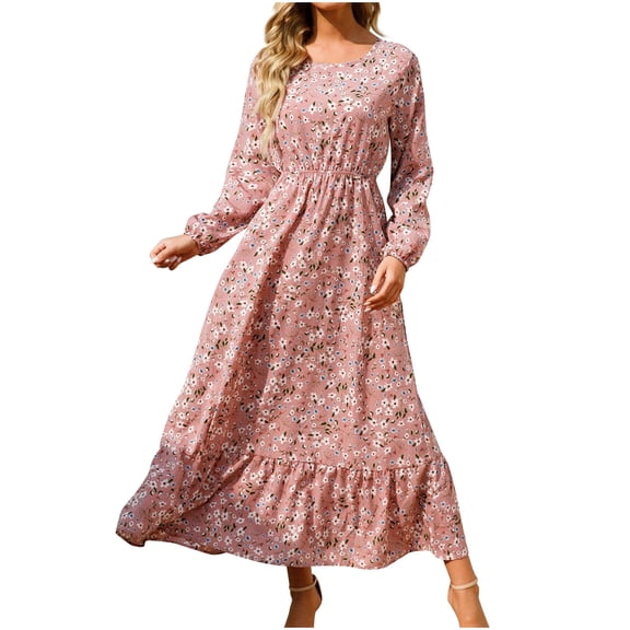 Levmjia Womens Autumn Dress Floral Casual Loose Long Sleeve Crew Neck Polyester Comfortable Vacation Beach Party Outfit Multi Color Options