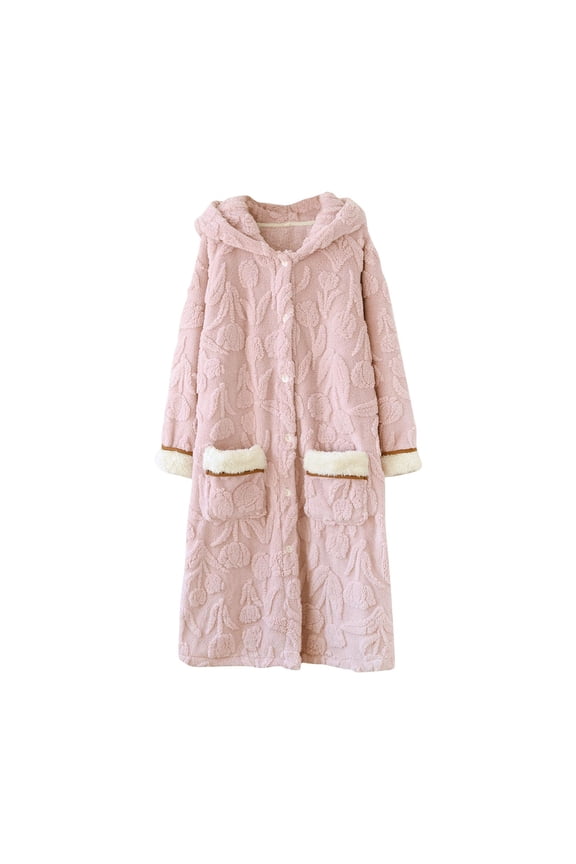 Womens Bathrobe Long Sleeve Nightgown Casual Pure Color Cotton Button Robe Soft Cozy For Home Sleep Spa With Pockets Daily Wear Relaxation