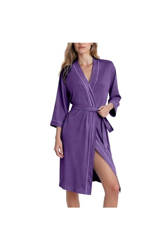 Womens Bathrobe Sleepwear Robe Cotton Pure Color Lace Up Wrap Nightgown Soft Comfortable Lightweight Home Relaxation