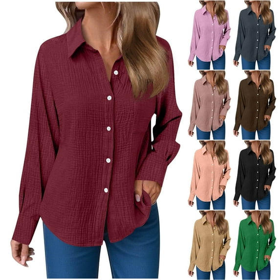 Levmjia Womens Button Down Shirt Casual Long Sleeves Loose fit Classic Lapel Collared Blouses Fasion Cotton Textured Top Brown,S