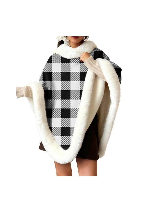 Womens Cape With Hood Warm Solid Color Plaid Printed Plush Warm Home Clothes Winter Outerwear Wool Blend Front Pockets Elegant Long Cloak For Casual Christmas