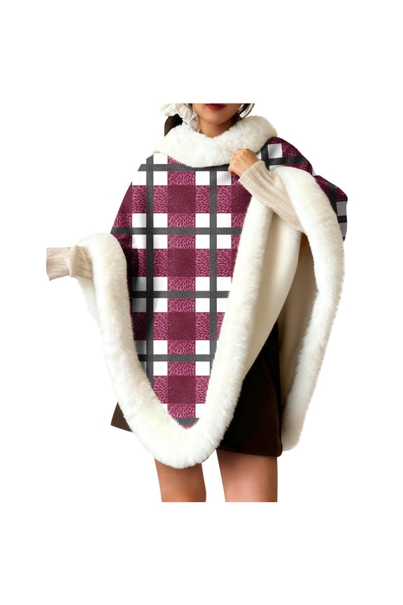 Womens Cape With Hood Warm Solid Color Plaid Printed Plush Warm Home Clothes Winter Outerwear Wool Blend Front Pockets Elegant Long Cloak For Casual Christmas