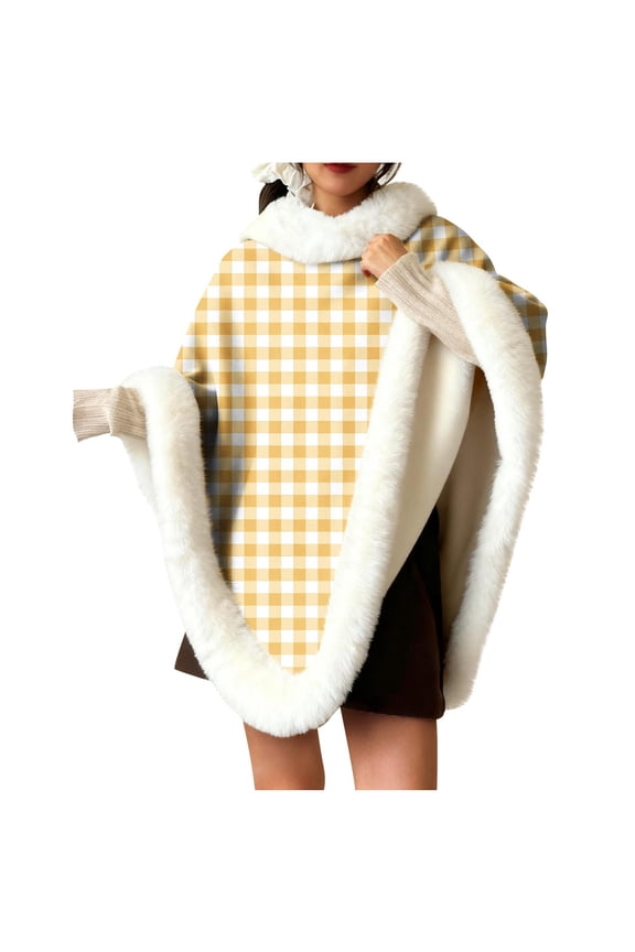 Womens Cape With Hood Warm Solid Color Plaid Printed Plush Warm Home Clothes Winter Outerwear Wool Blend Front Pockets Elegant Long Cloak For Casual Christmas