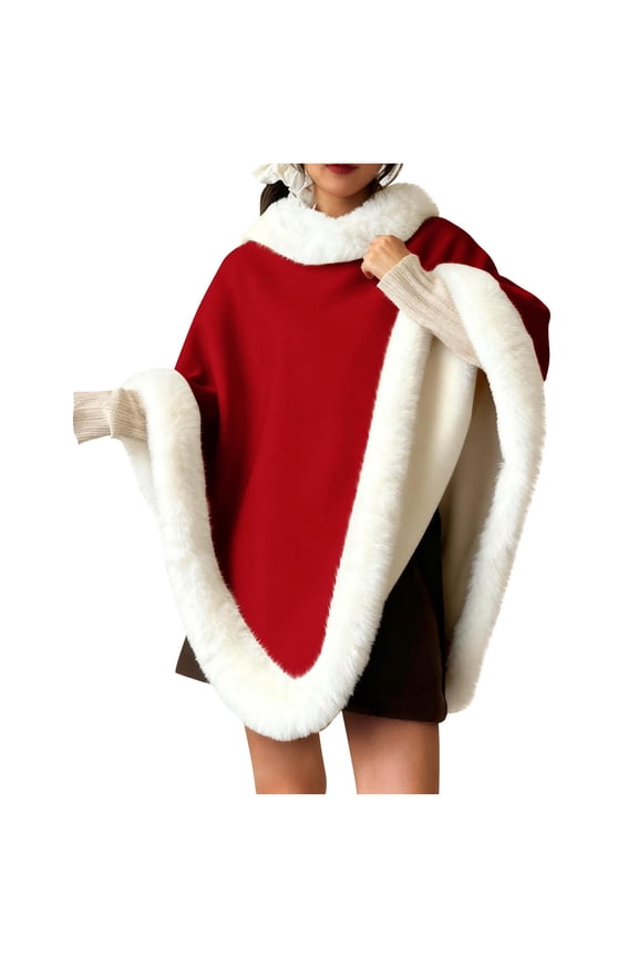 Womens Cape With Hood Warm Solid Color Plush Warm Home Clothes Winter Outerwear Wool Blend Front Pockets Elegant Long Cloak For Casual Christmas